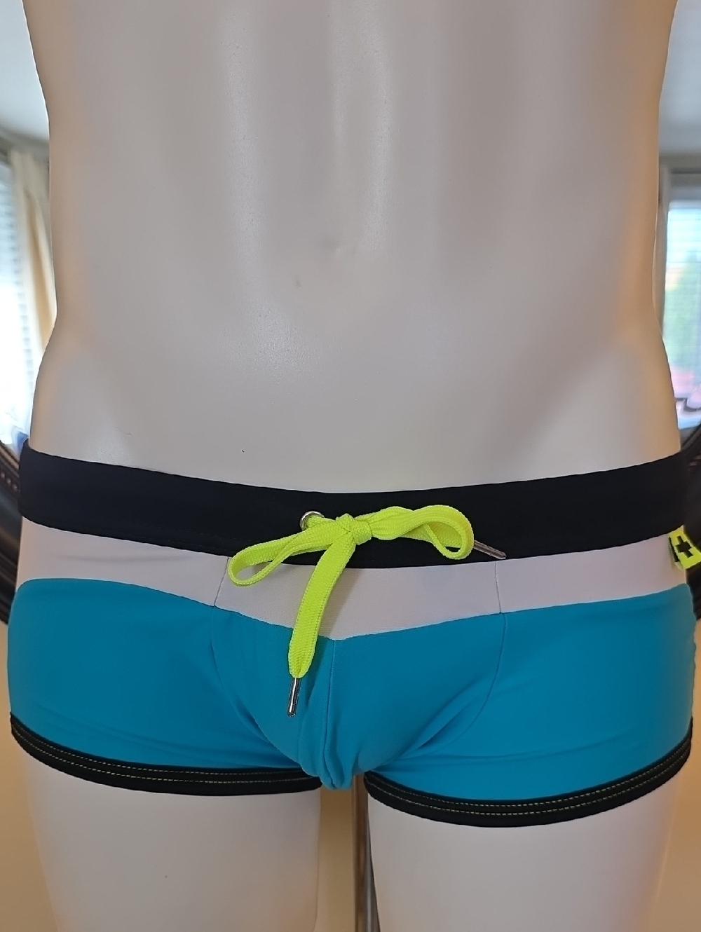 Men's Turquoise Swim Trunks with Neon Yellow Drawstring